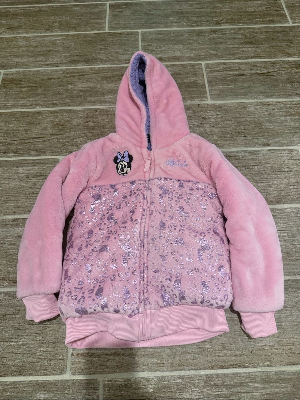 DISNEY MINNIE MOUSE JACKET COAT ZIP UP PLUSH HOODIE PINK PURPLE